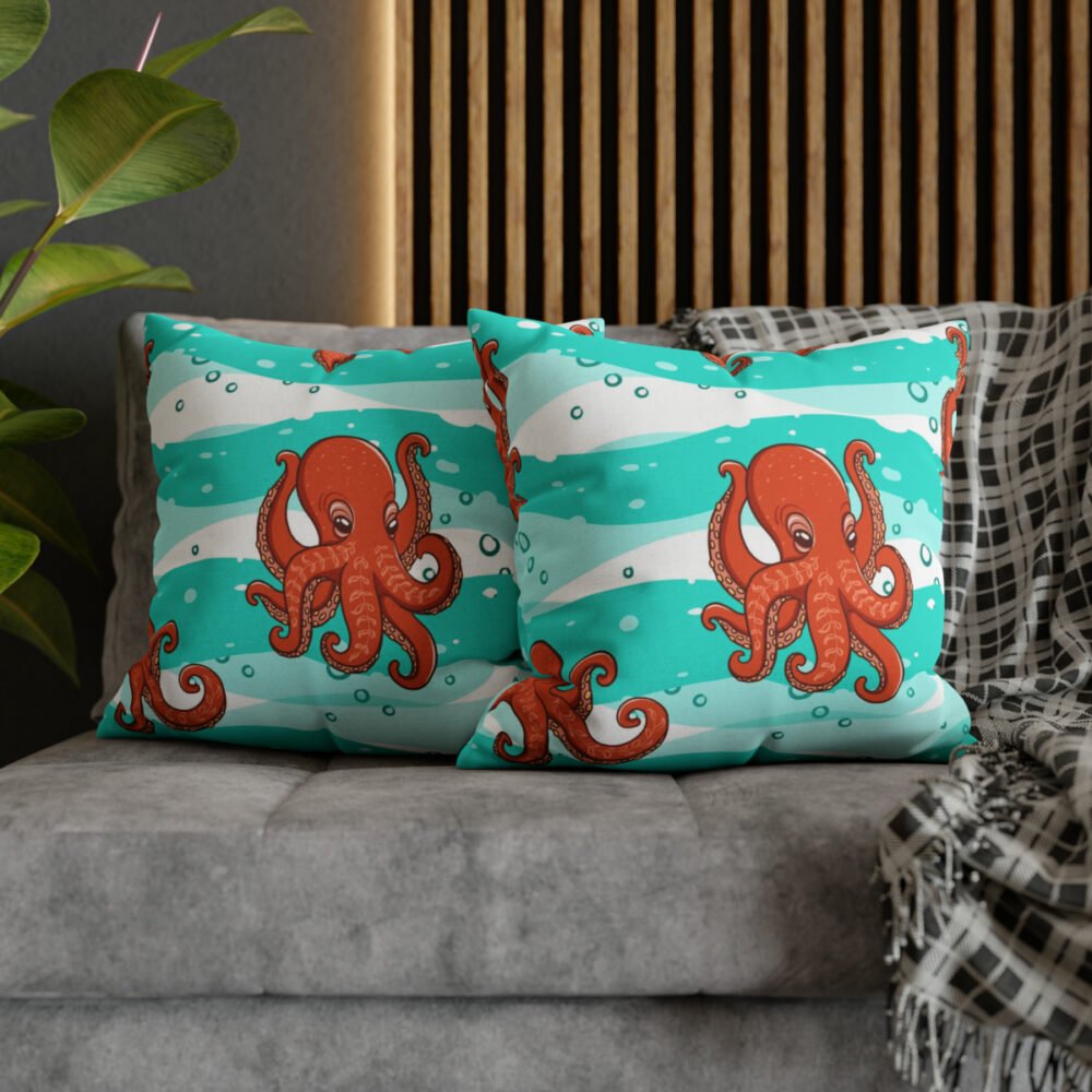 Orange Octopuses on Sea Waves Decorative Throw Pillow Covers - Image 5