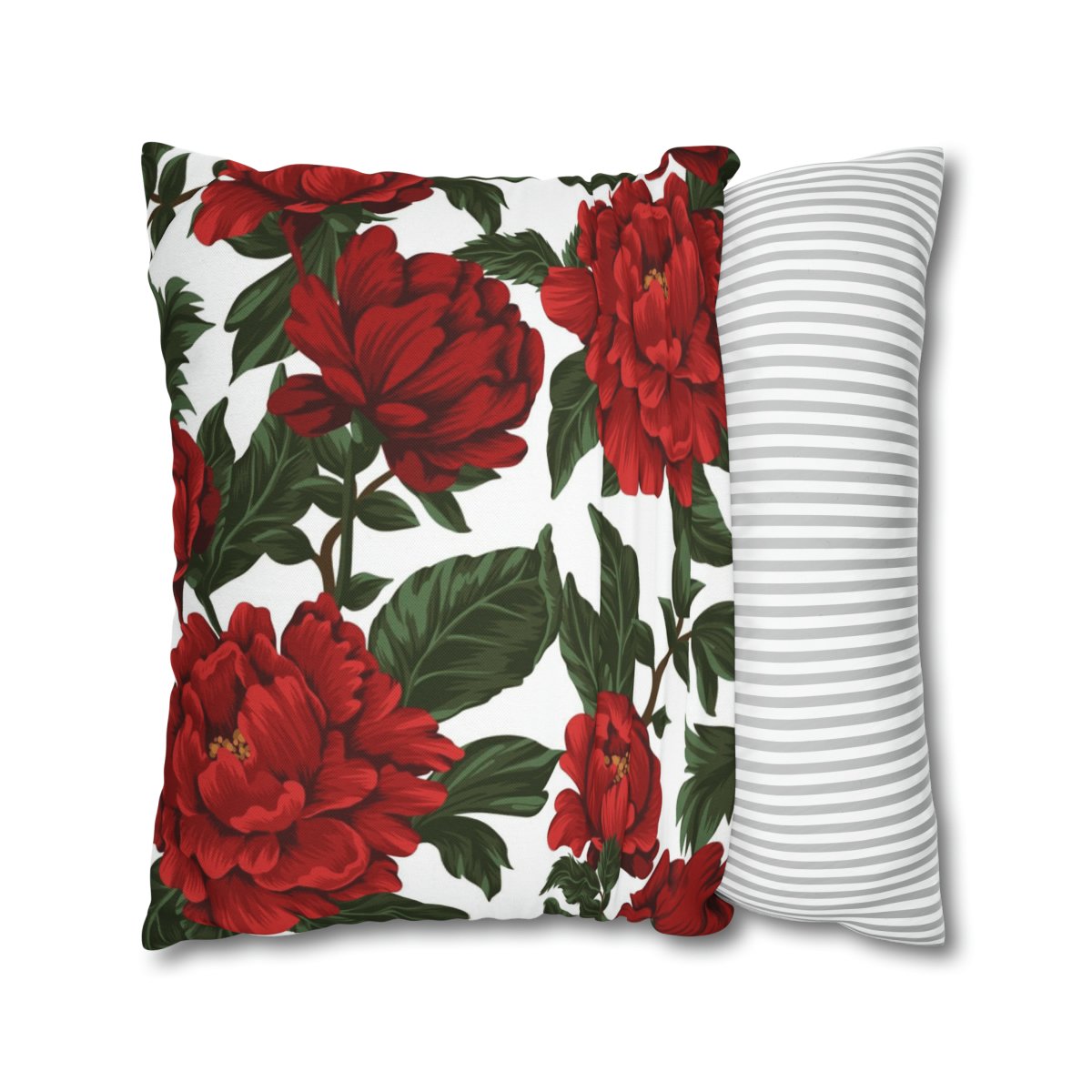 Green Leaves and Red Peonies Pattern on Throw Pillow Covers - Image 2