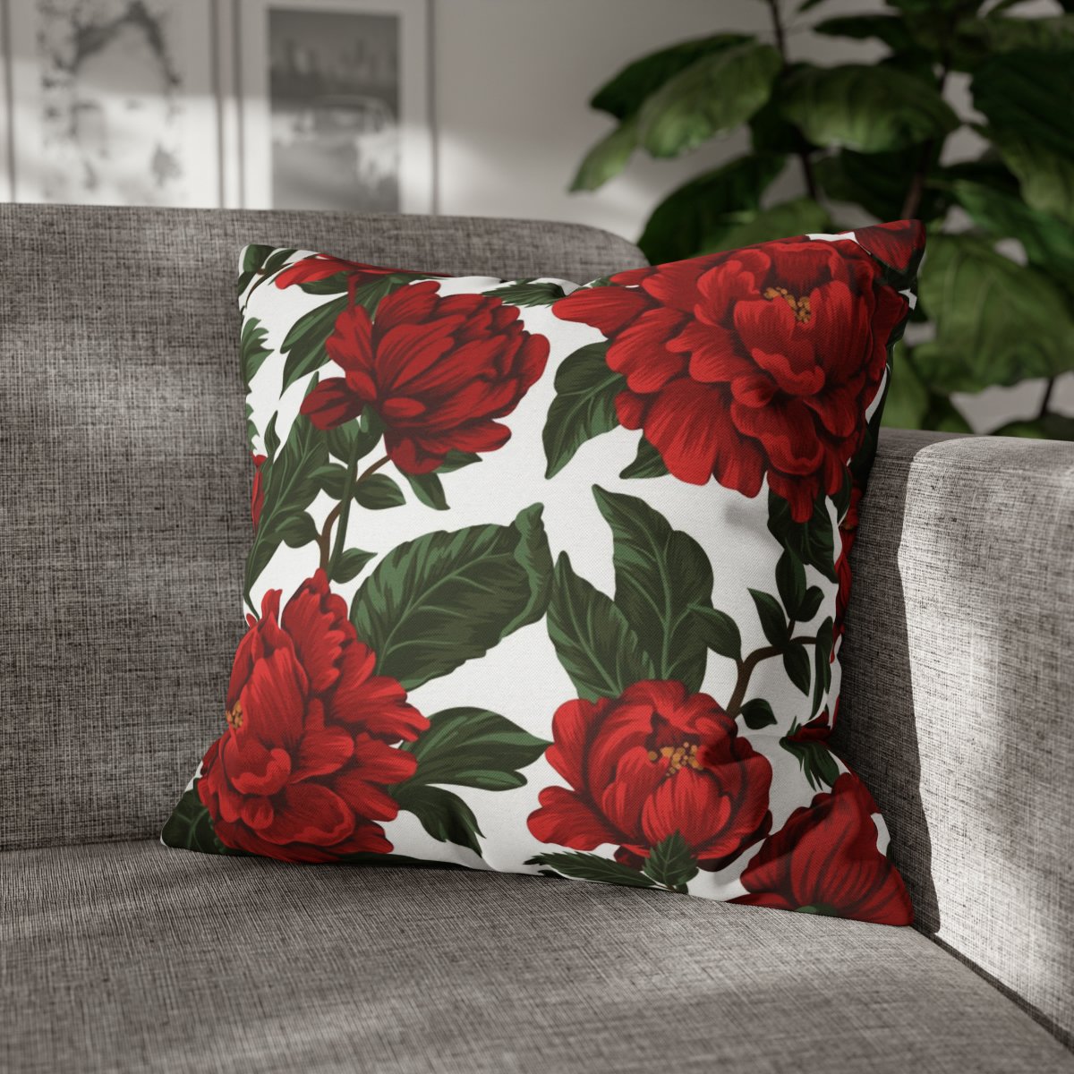Green Leaves and Red Peonies Pattern on Throw Pillow Covers - Image 4