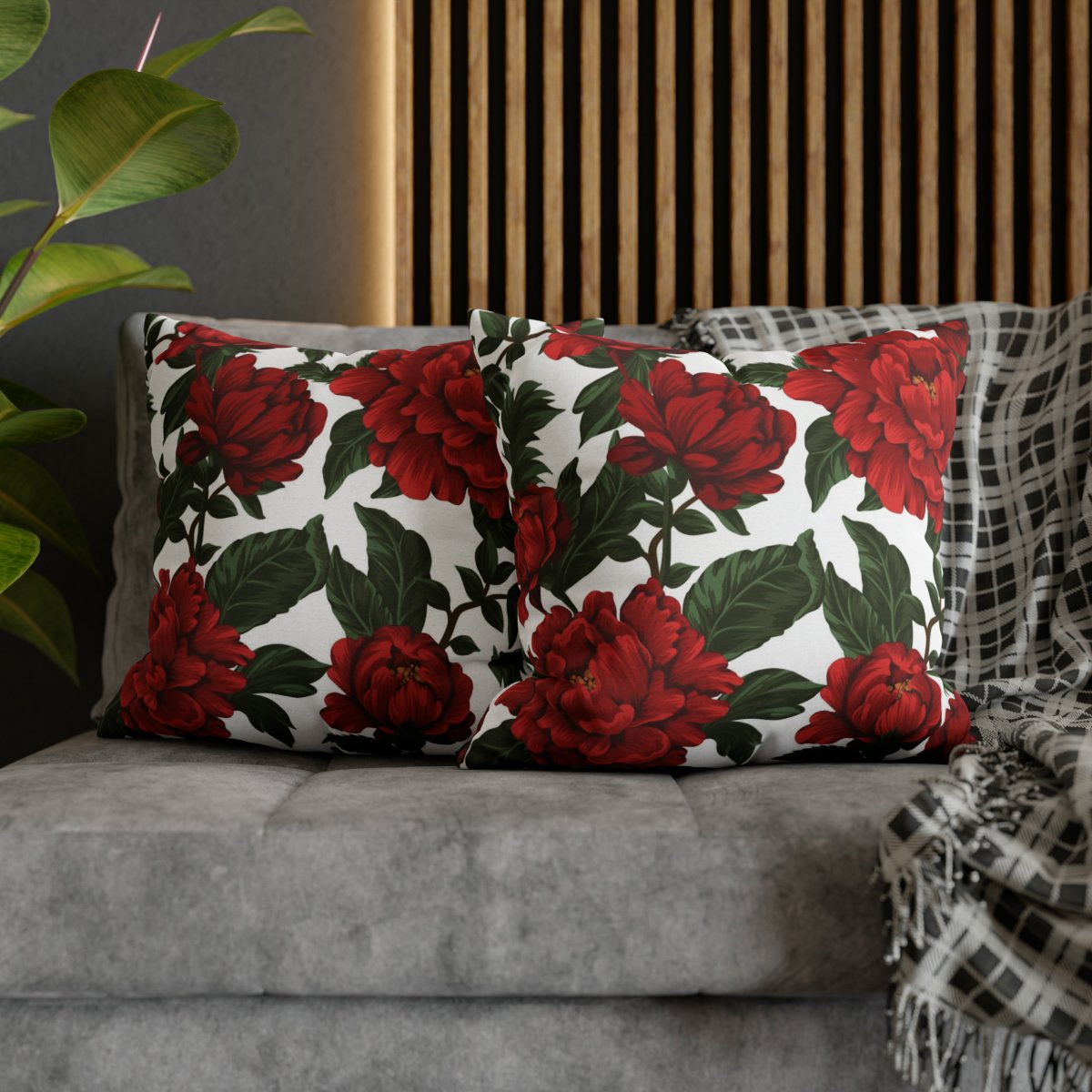 Green Leaves and Red Peonies Pattern on Throw Pillow Covers - Image 5