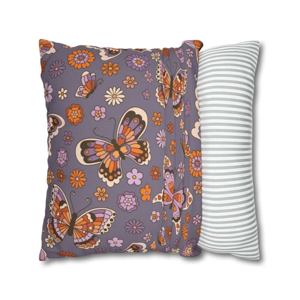Retro Butterflies n Daisy Flowers on Purple Pillow Covers - Image 2