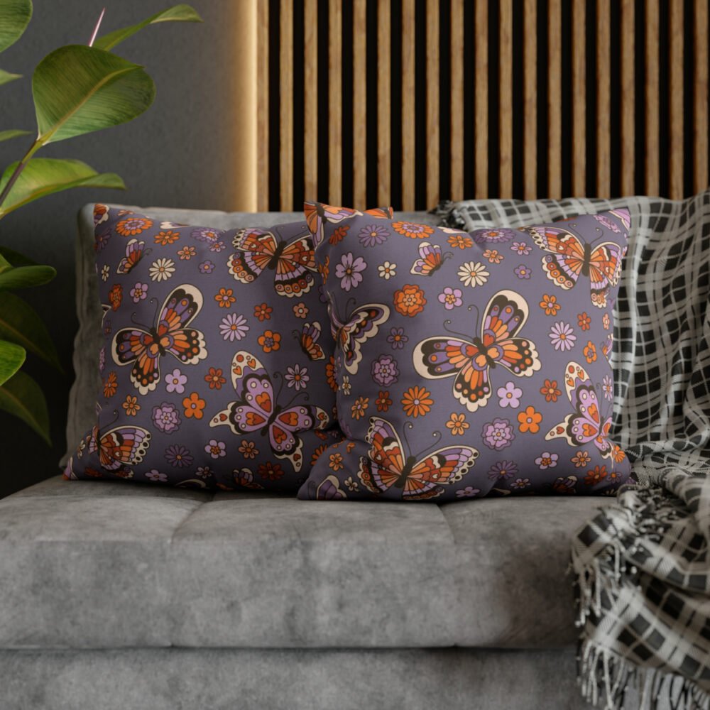 Retro Butterflies n Daisy Flowers on Purple Pillow Covers - Image 5