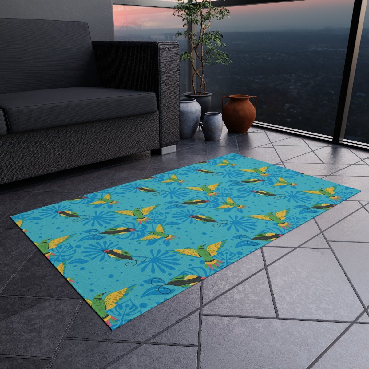 Blue Indoor Outdoor Area Rugs with Colorful Hummingbirds - Image 12
