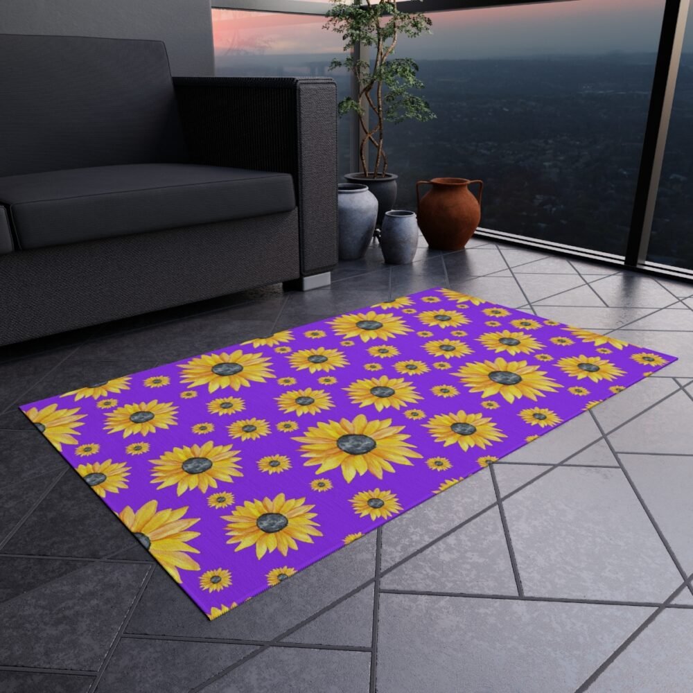 Hand Painted Yellow Sunflowers on Purple Outdoor Rugs - Image 12