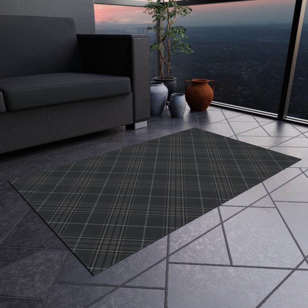 Dark Grey Plaid Herringbone Textured Outdoor Rugs - Image 12