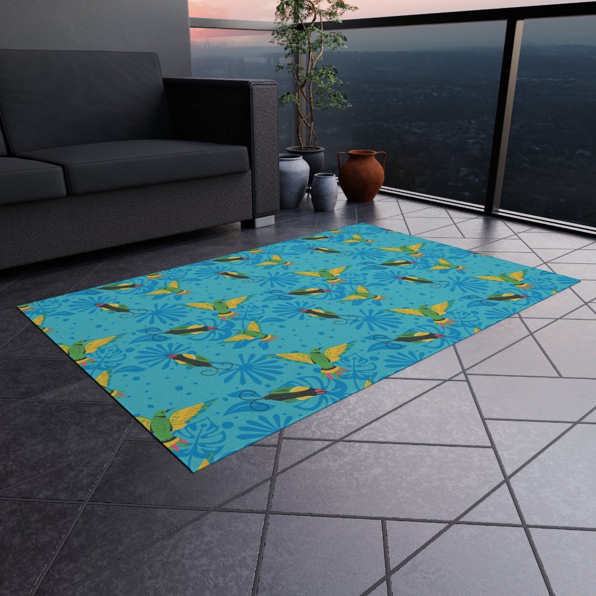 Blue Indoor Outdoor Area Rugs with Colorful Hummingbirds - Image 4