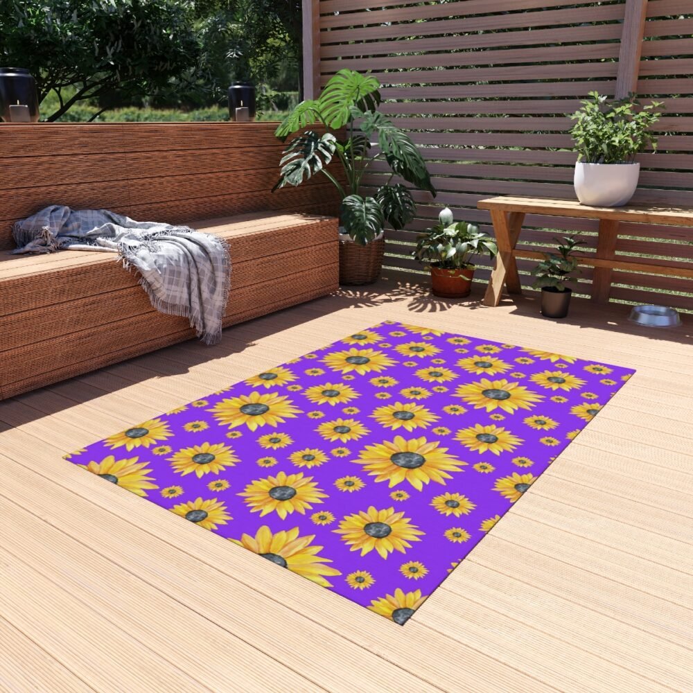 Hand Painted Yellow Sunflowers on Purple Outdoor Rugs - Image 15