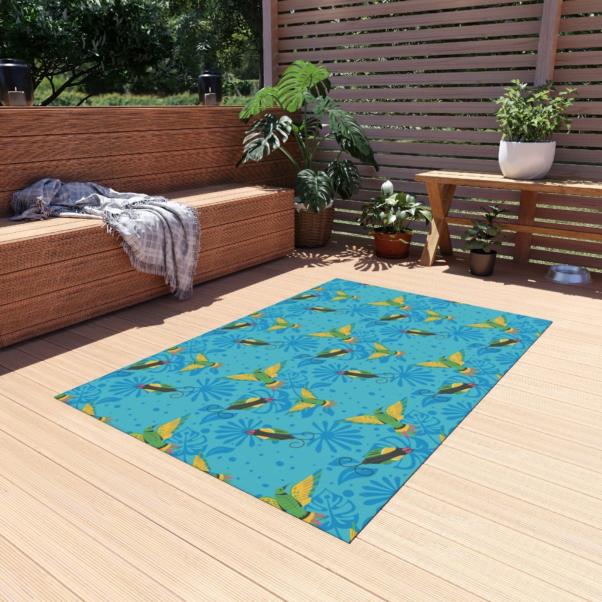 Blue Indoor Outdoor Area Rugs with Colorful Hummingbirds