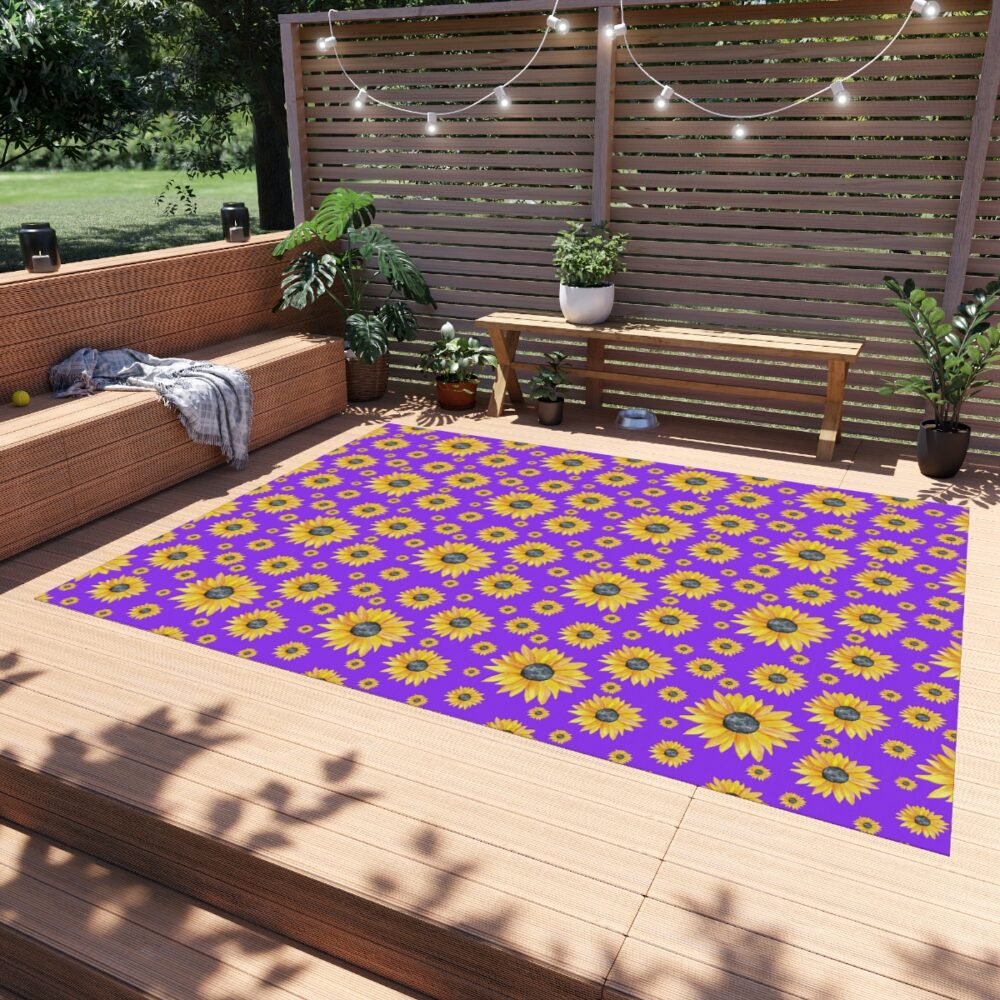 Hand Painted Yellow Sunflowers on Purple Outdoor Rugs