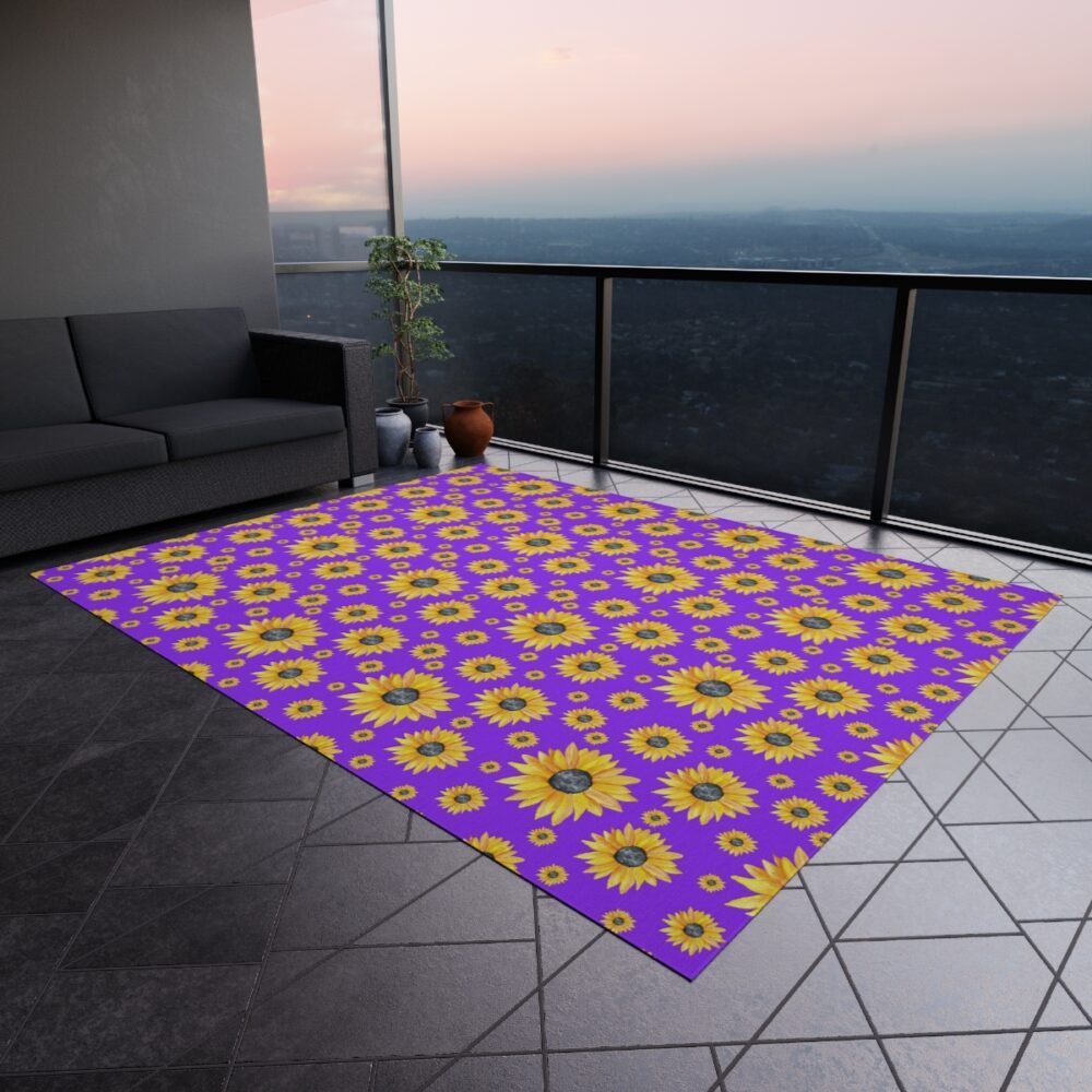 Hand Painted Yellow Sunflowers on Purple Outdoor Rugs - Image 4