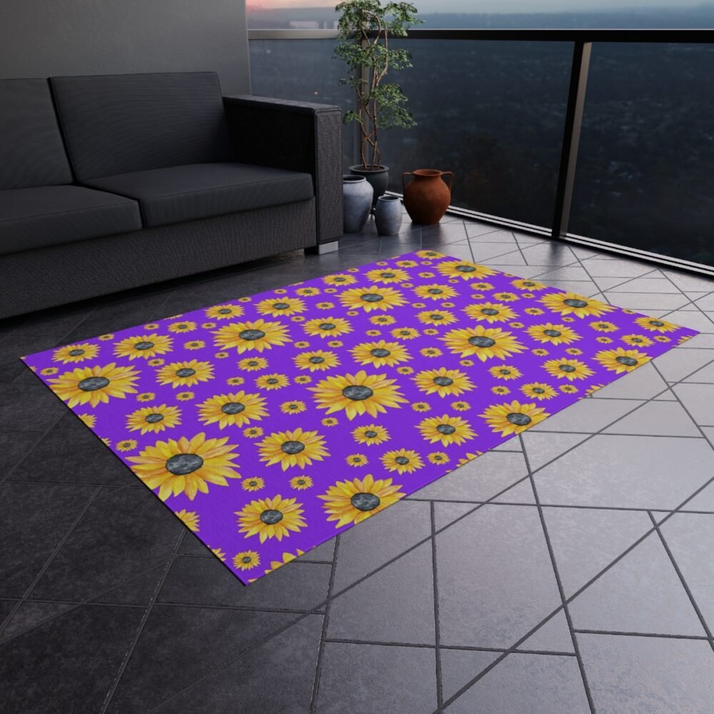 Hand Painted Yellow Sunflowers on Purple Outdoor Rugs - Image 20