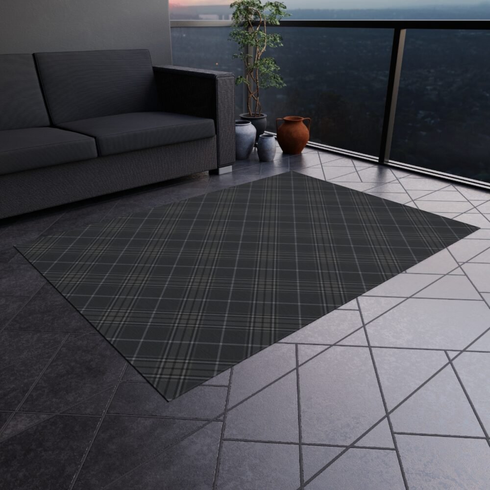 Dark Grey Plaid Herringbone Textured Outdoor Rugs - Image 4