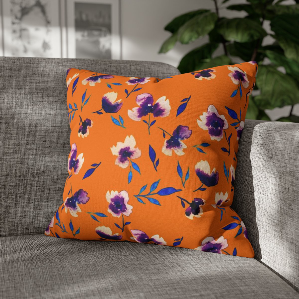 Violet Flowers and Leaves Print on Orange Throw Pillow Covers - Image 4