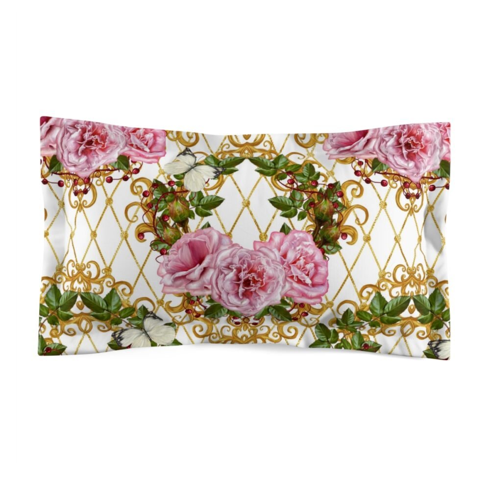 Pink Rose Leaves and Bud Pattern on White Bed Pillowcase - Image 2