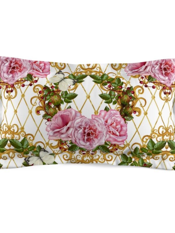 Pink Rose Leaves and Bud Pattern on White Bed Pillowcase - King