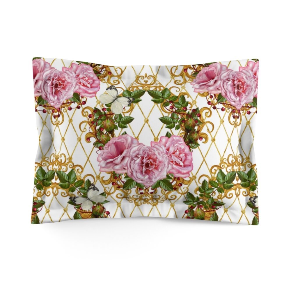 Pink Rose Leaves and Bud Pattern on White Bed Pillowcase