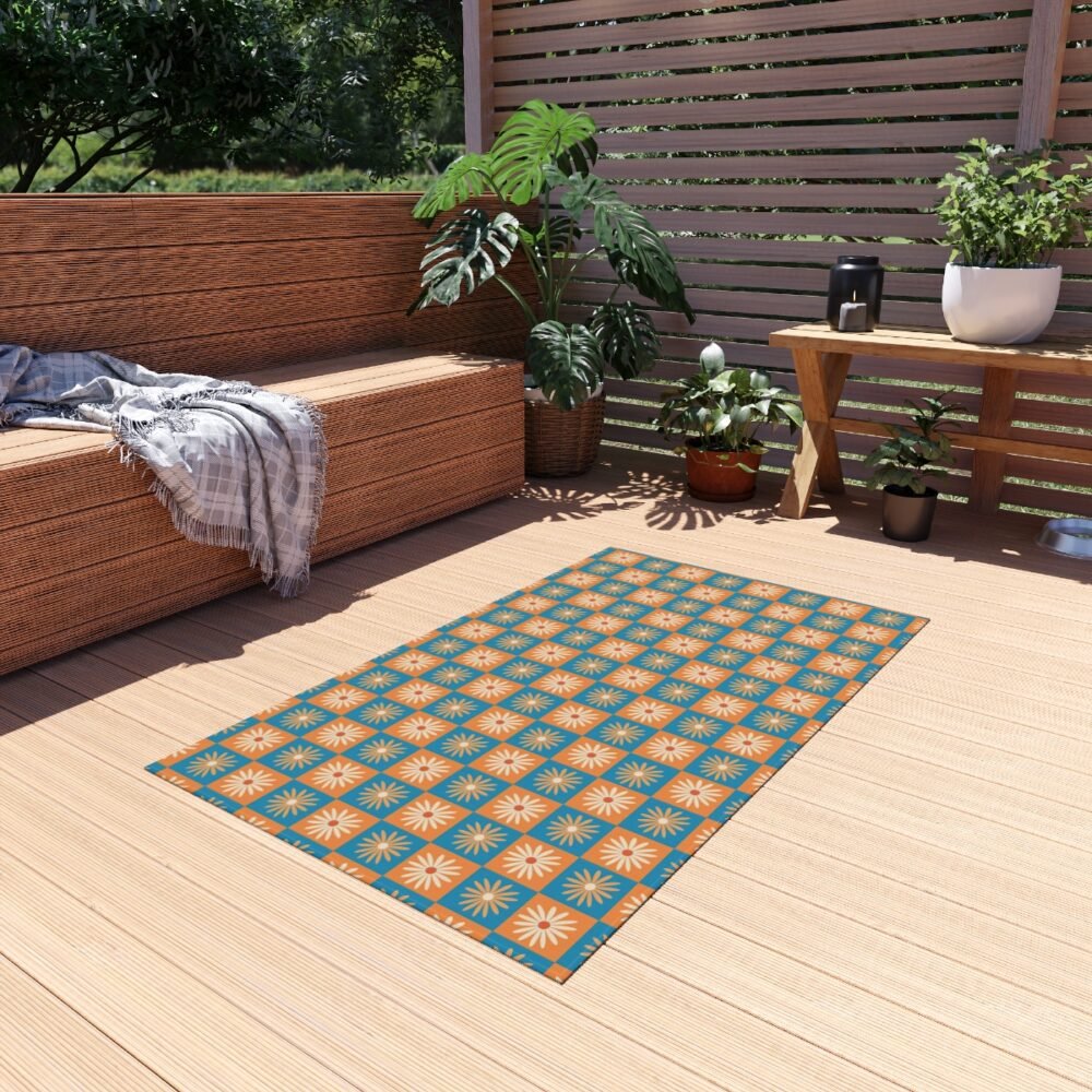Blue and Orange Flowers Chessboard Pattern Outdoor Rugs - Image 6