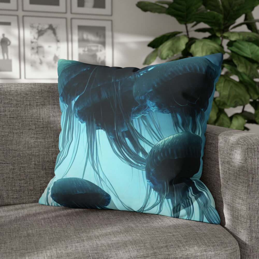 Glowing Jellyfish in Deep Sea Blue Euro Pillow Shams - Image 4