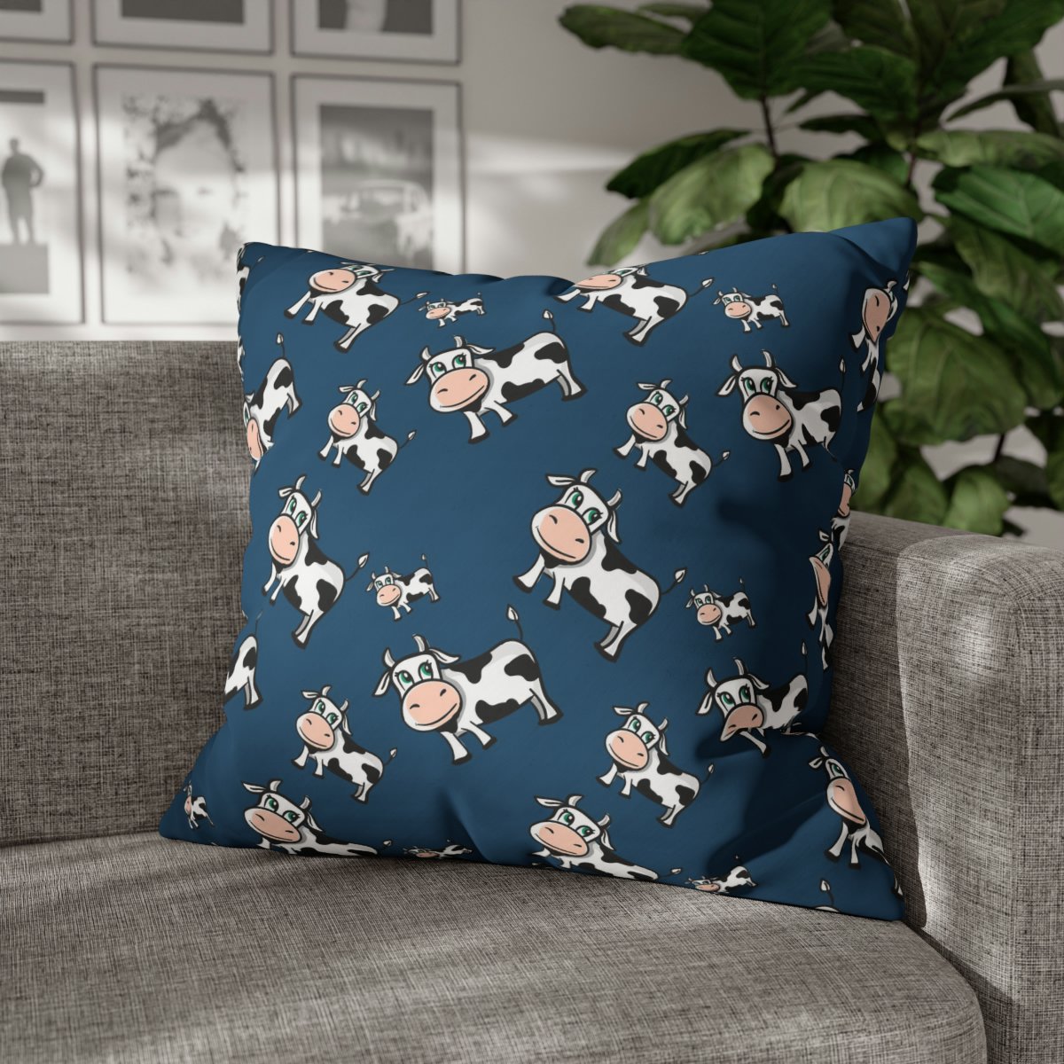 White Cartoon Cow Print on Blue Euro Pillow Covers - Image 4