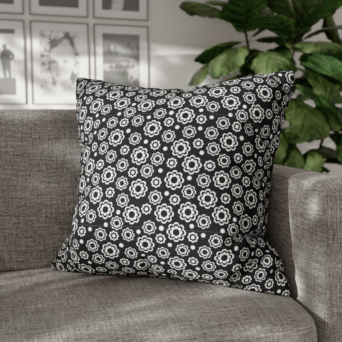 Seamless Retro Flowers Pattern in Black Euro Pillow Shams - Image 6