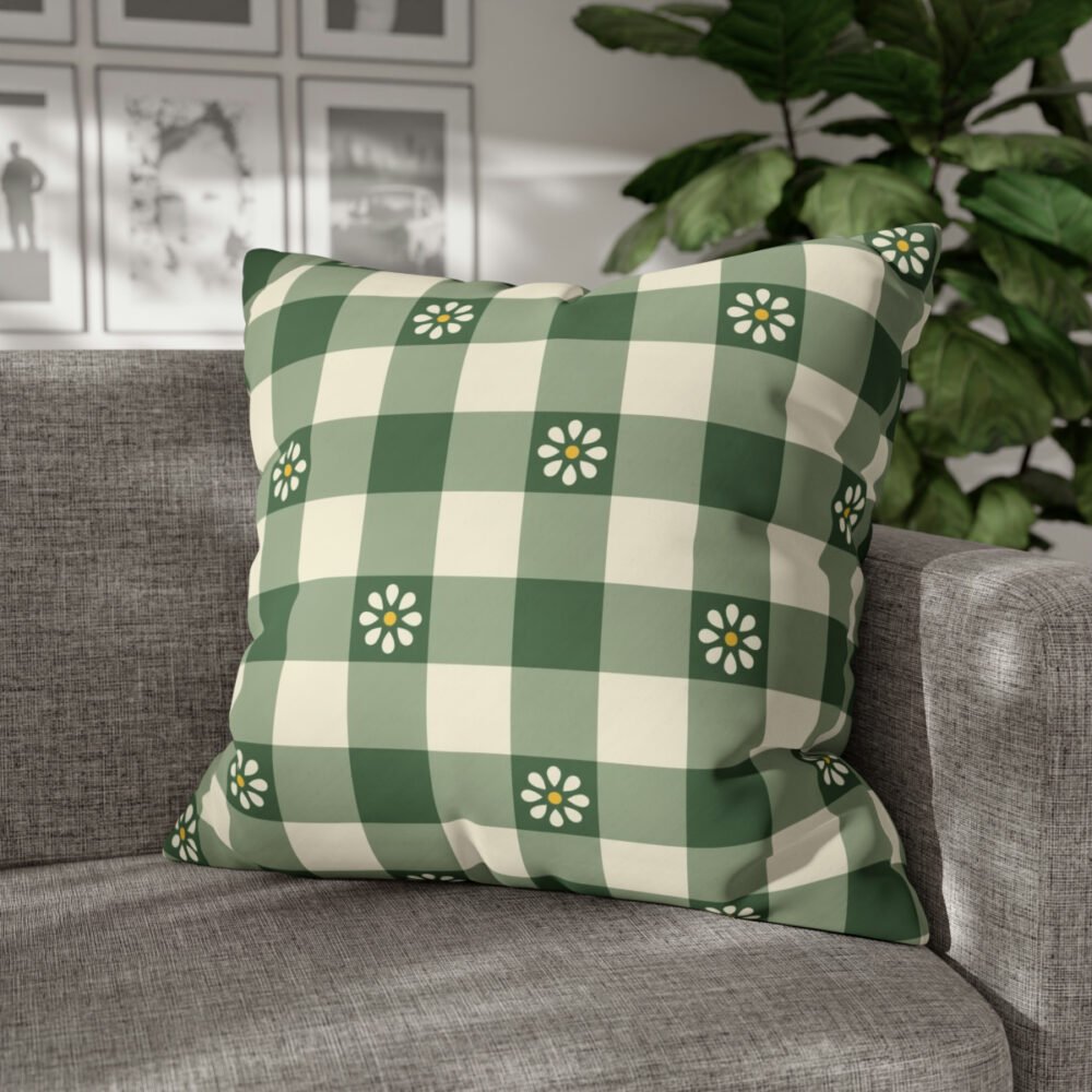 Flower Print on Green Checkered Plaid Euro Shams - Image 4