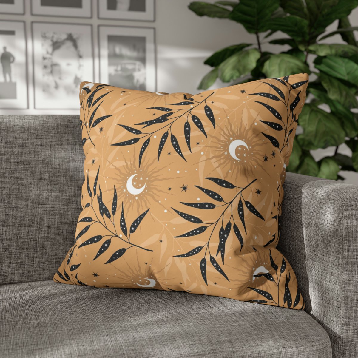 Brown Euro Pillow Covers with Moon, Plants and Stars - Image 6