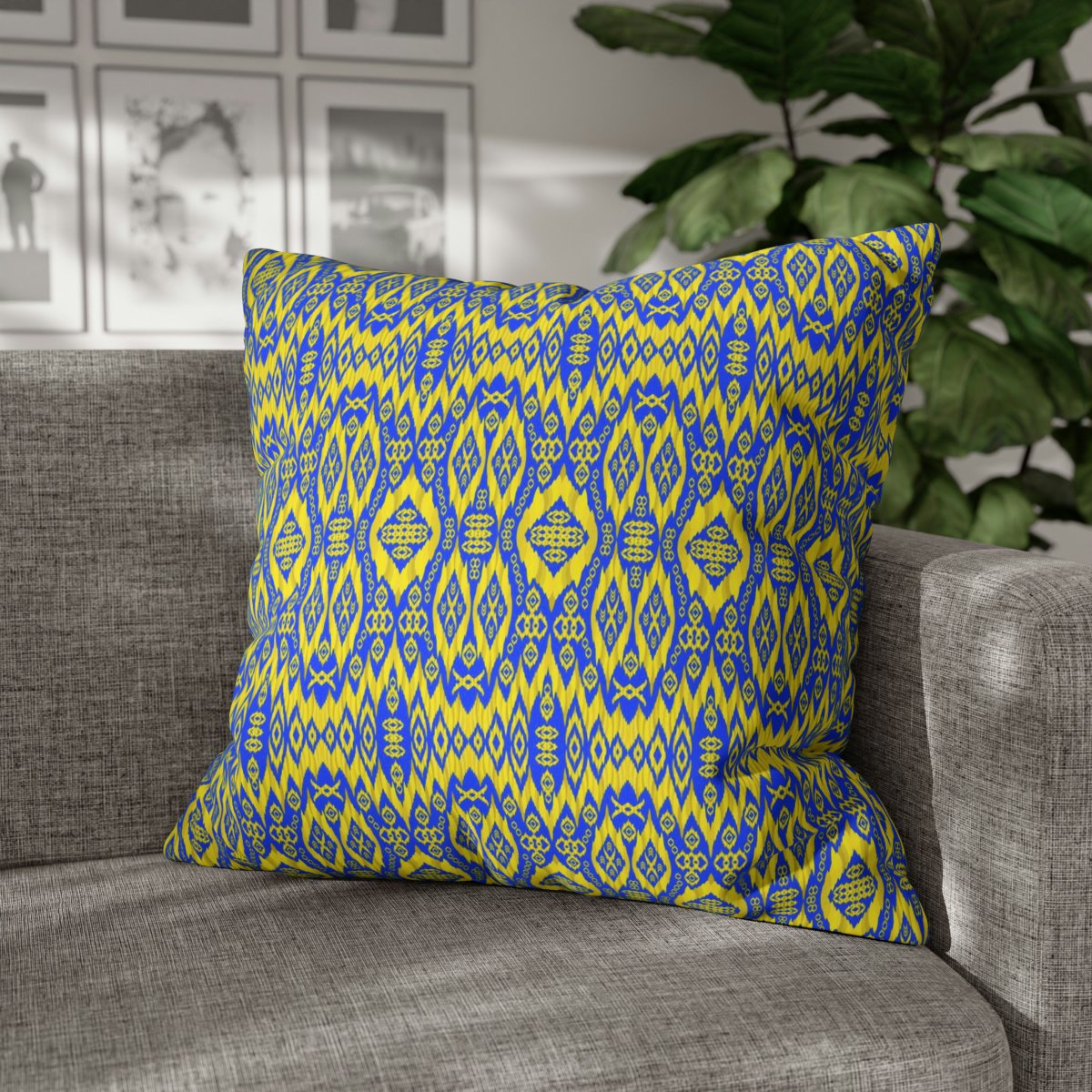 Royal Golden Yellow Ikat Pattern on Blue Euro Shams - Image 6