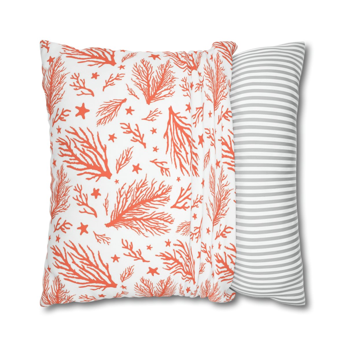 Stylish Orange Coral Print on White Euro Pillow Shams - Image 2