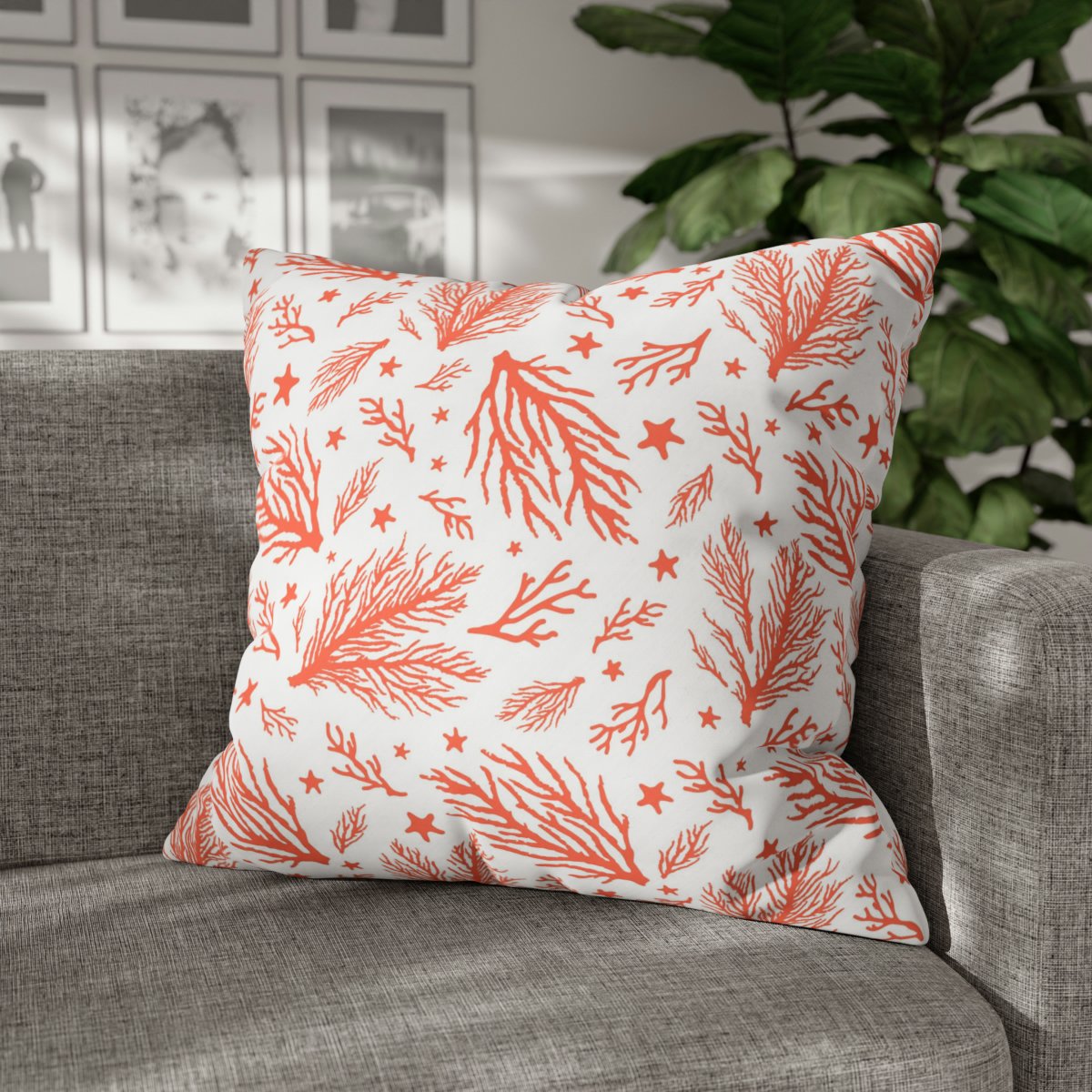 Stylish Orange Coral Print on White Euro Pillow Shams - Image 4