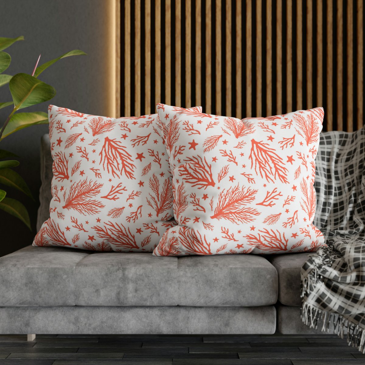 Stylish Orange Coral Print on White Euro Pillow Shams - Image 5