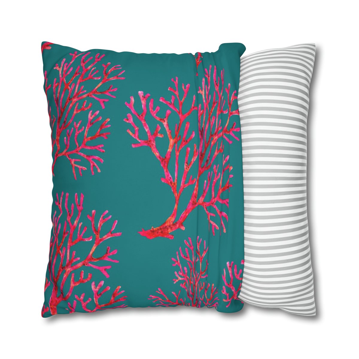 Red Coral Pattern on Turquoise Euro Pillow Shams - Image 2