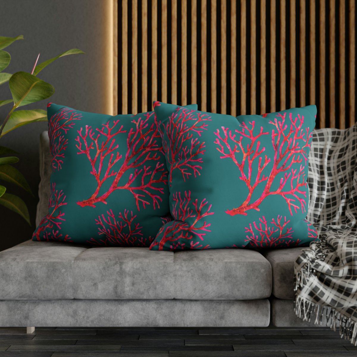 Red Coral Pattern on Turquoise Euro Pillow Shams - Image 5