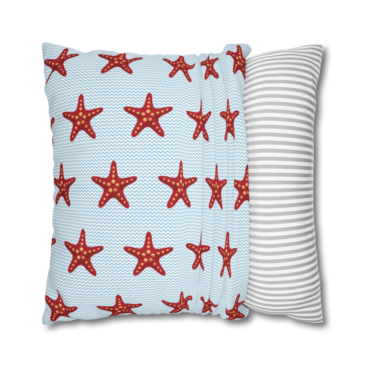 Cute Red Starfish on Blue Wave Striped Euro Shams - Image 2