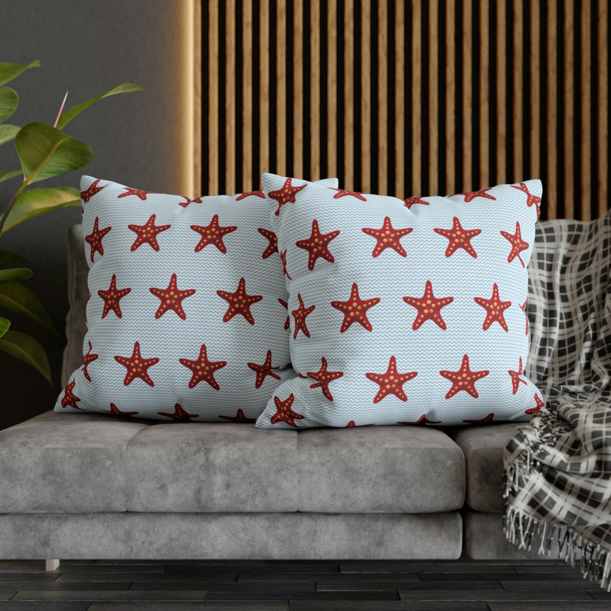 Cute Red Starfish on Blue Wave Striped Euro Shams - Image 5