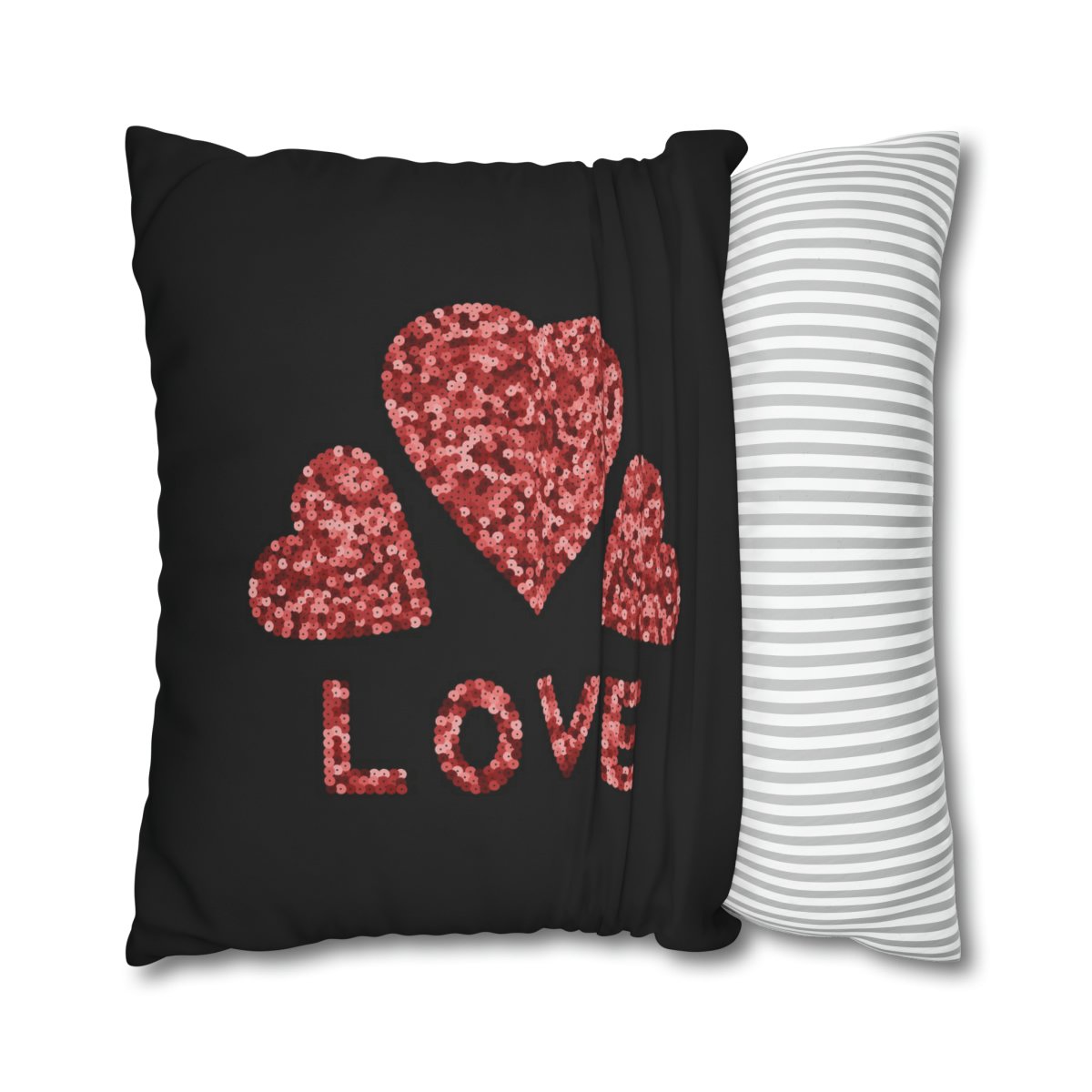 Pink Sequins Hearts n Love Print on Black Euro Shams - Image 2