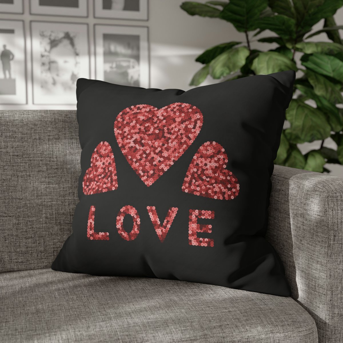 Pink Sequins Hearts n Love Print on Black Euro Shams - Image 4