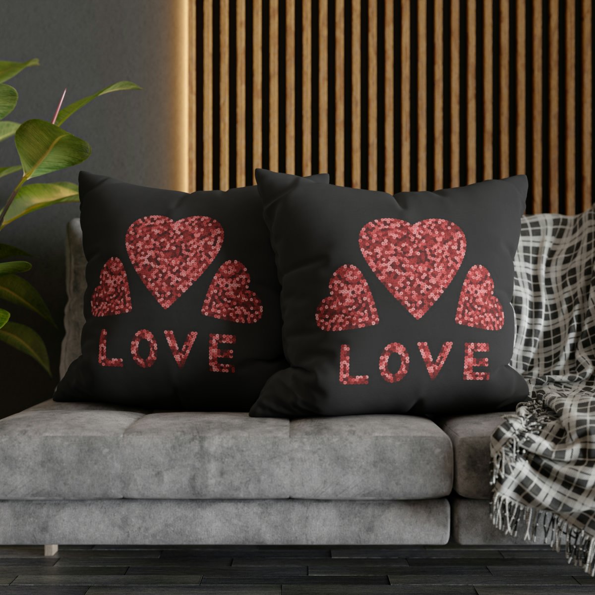 Pink Sequins Hearts n Love Print on Black Euro Shams - Image 5