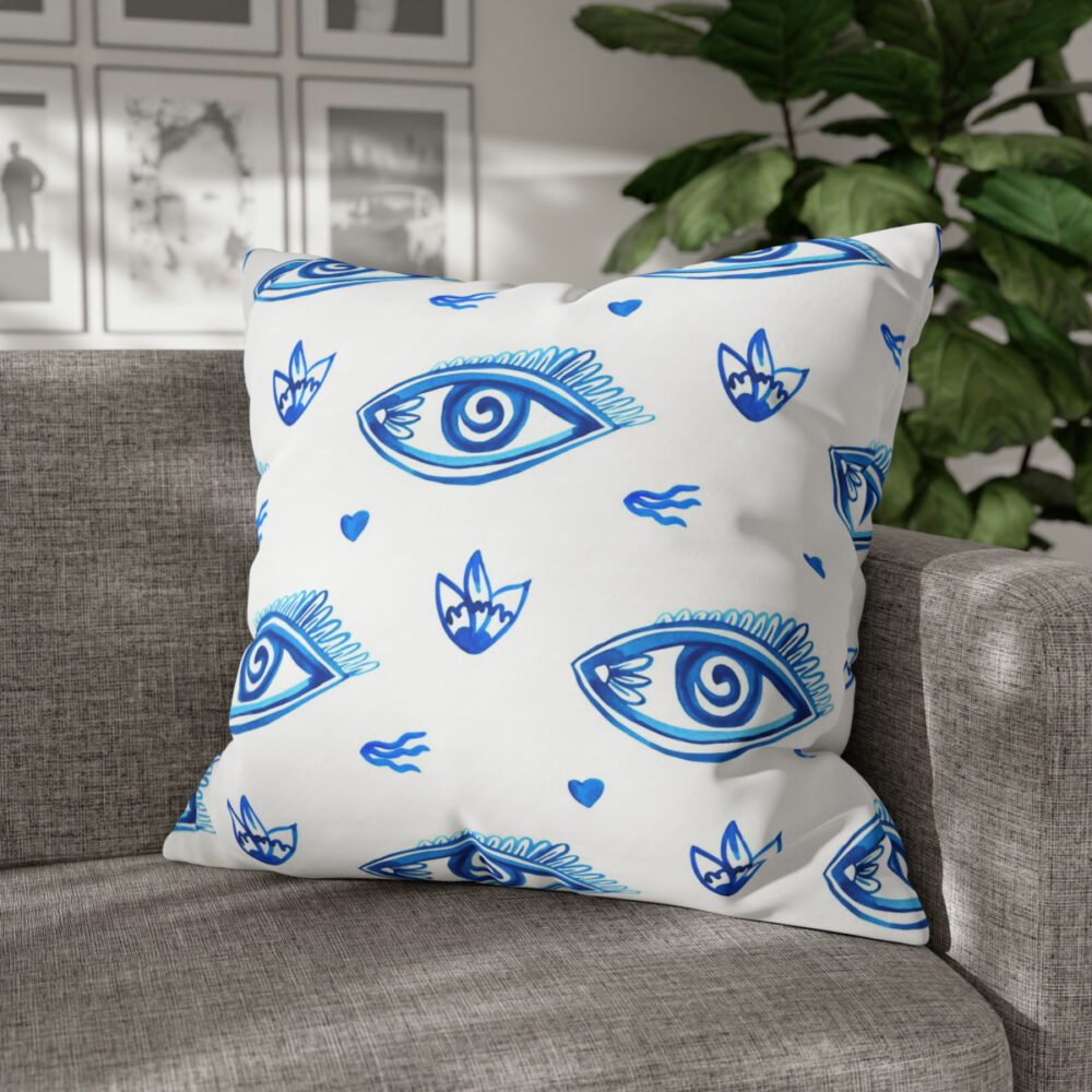Decorative Blue Eyes n Lotuses on White Euro Shams - Image 4