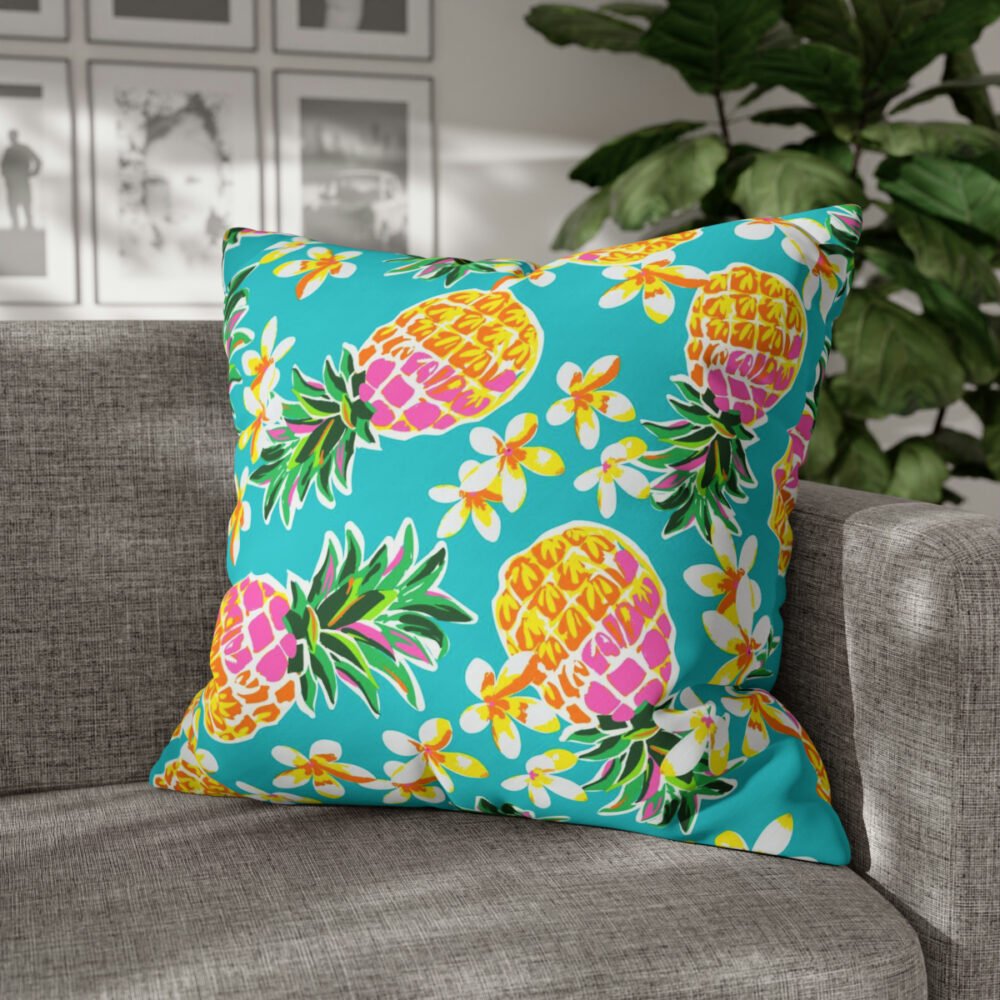 Cute Yellow Pineapples Print on Blue Euro Pillow Shams - Image 4
