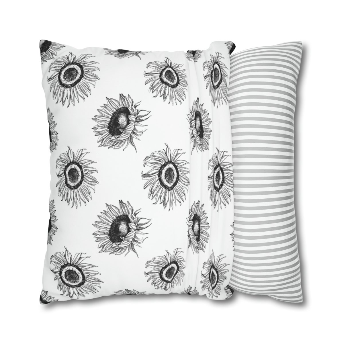 Monochrome Sunflower Print on White Euro Pillow Shams - Image 2