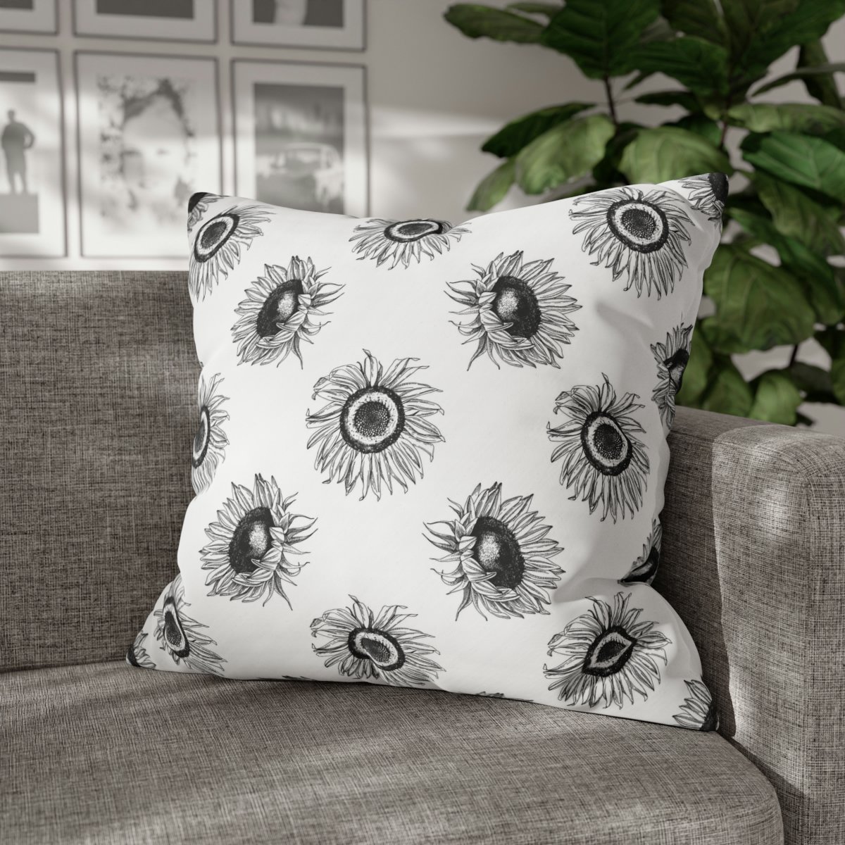 Monochrome Sunflower Print on White Euro Pillow Shams - Image 4