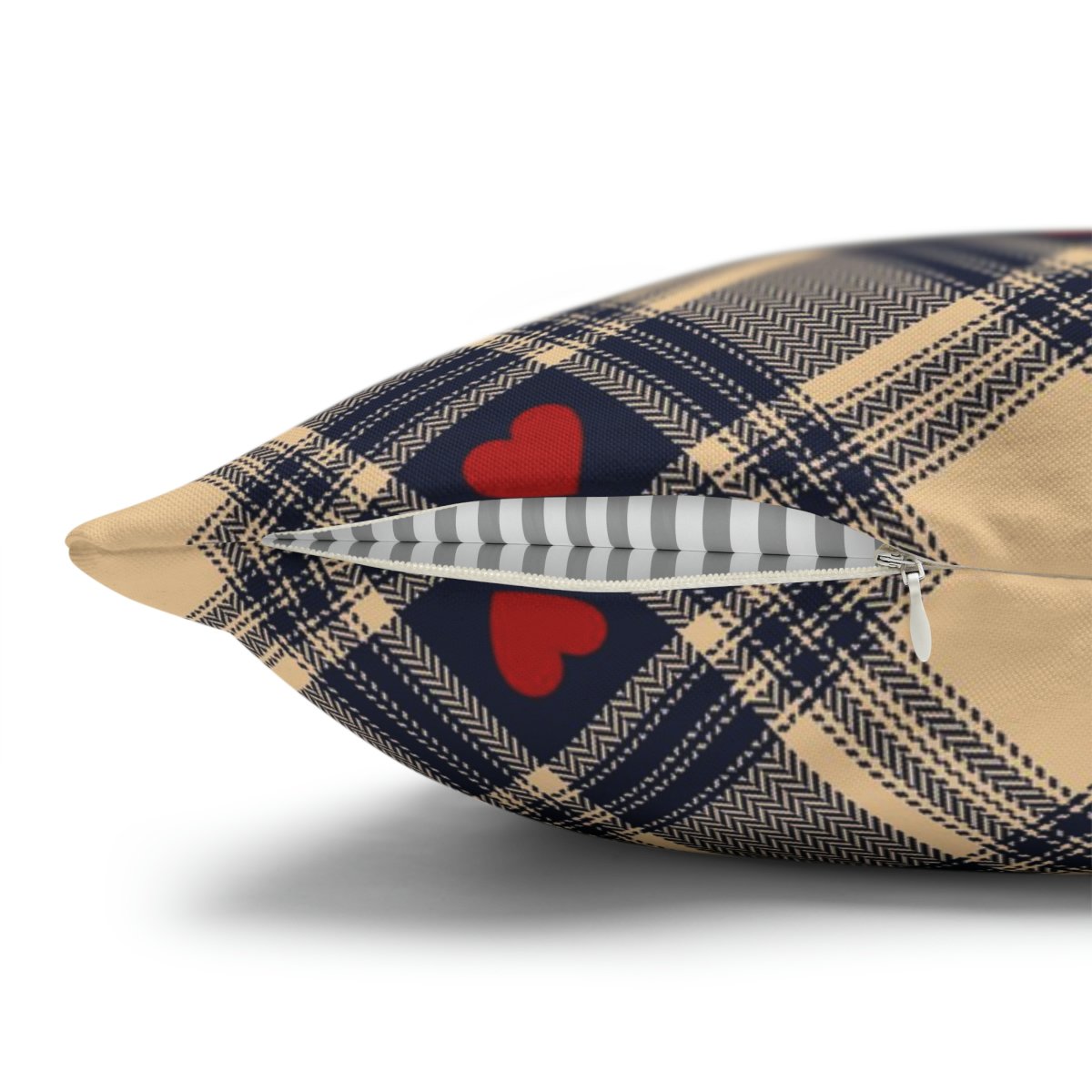 Red Hearts Print on Navy Blue Beige Plaid Euro Shams - Image 3