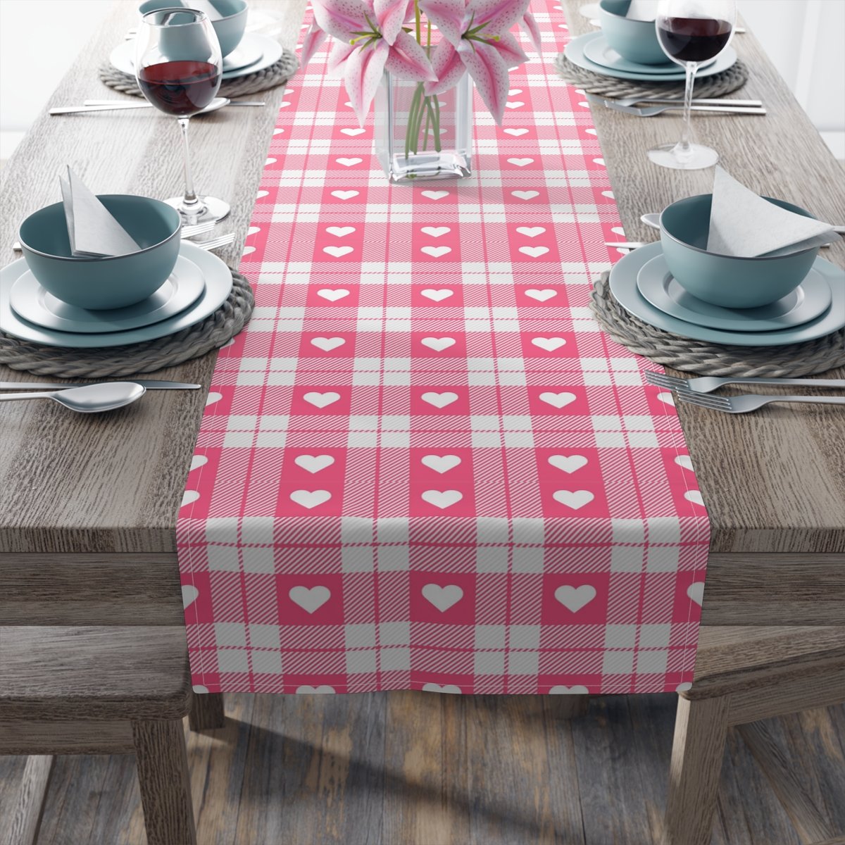 Valentine's Day Tartan Plaid Pink Dining Table Runners - Image 10