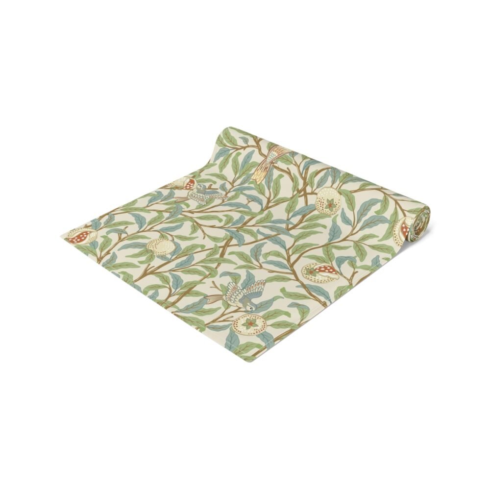 William Morris Style Light Beige Table Runners with Green Foliage n Birds - Image 7