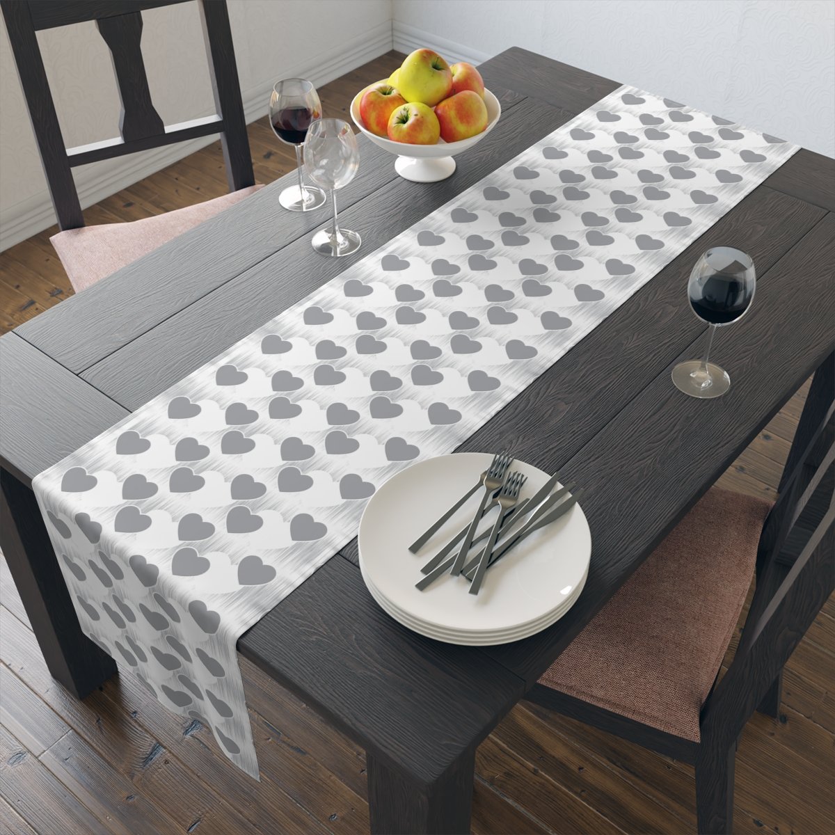 Beautiful Grey Love Heart Print on White Table Runners - Image 9