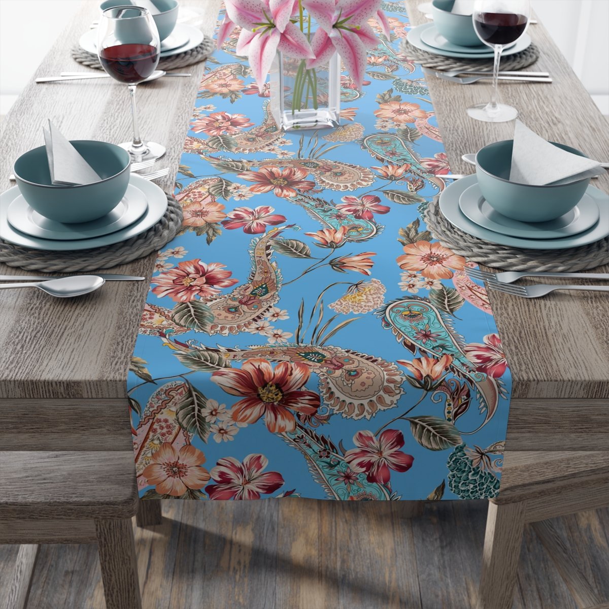 Ethnic Sky Blue Paisley Floral Dining Table Runners - Image 15