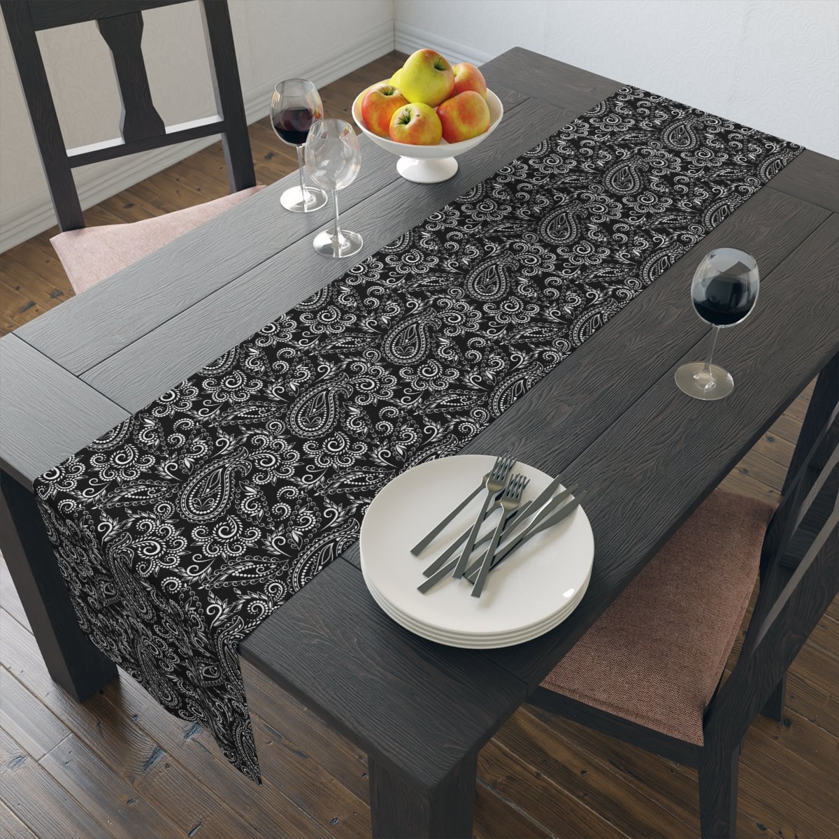 Traditional Black Paisley Flower Dining Table Runners - Image 14
