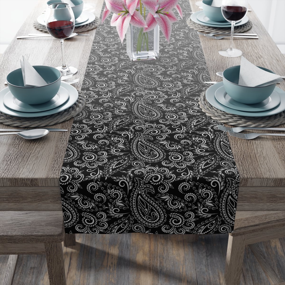 Traditional Black Paisley Flower Dining Table Runners - Image 15