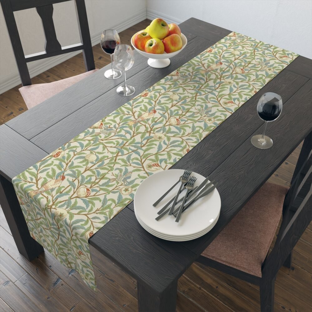 William Morris Style Light Beige Table Runners with Green Foliage n Birds - Image 14