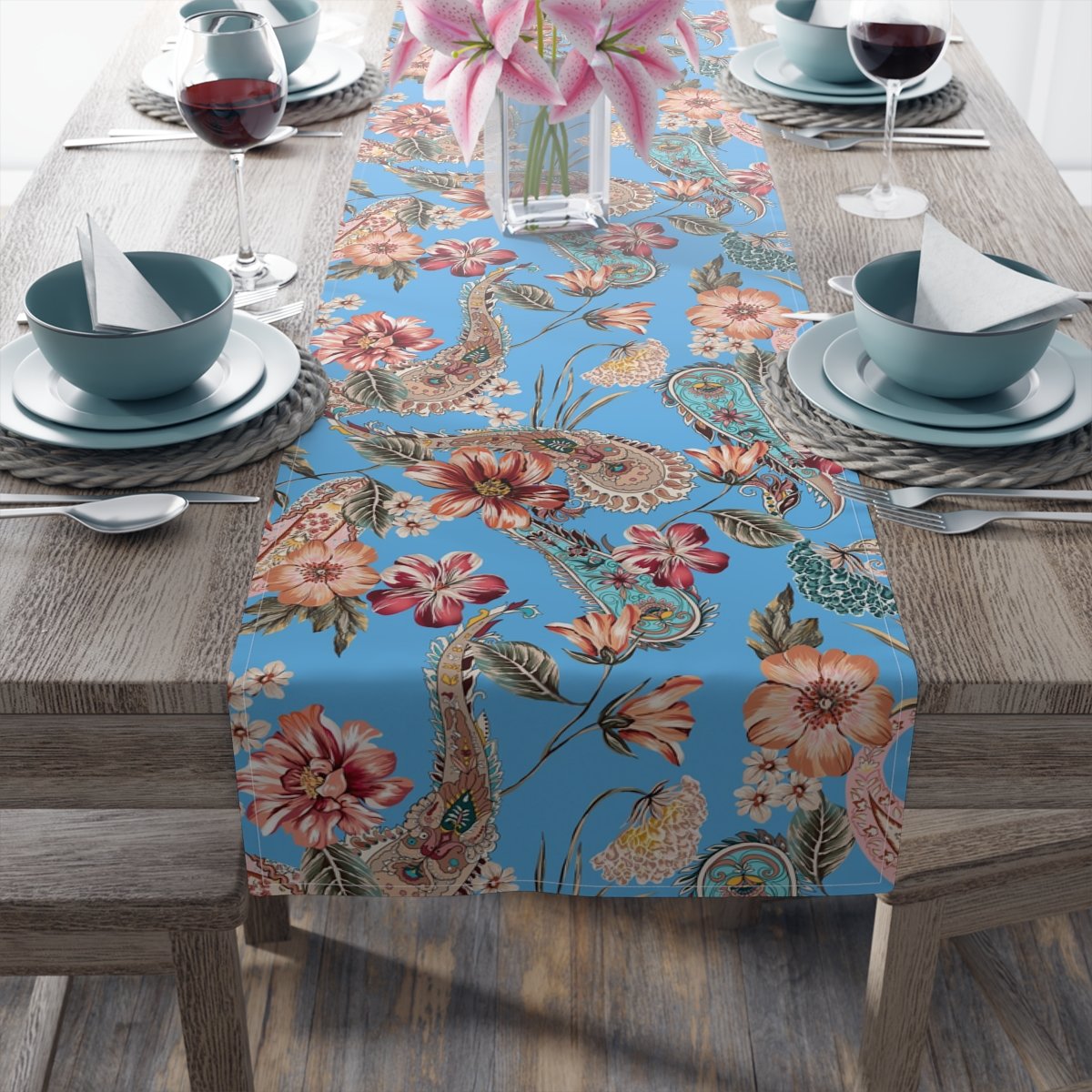 Ethnic Sky Blue Paisley Floral Dining Table Runners - Image 5